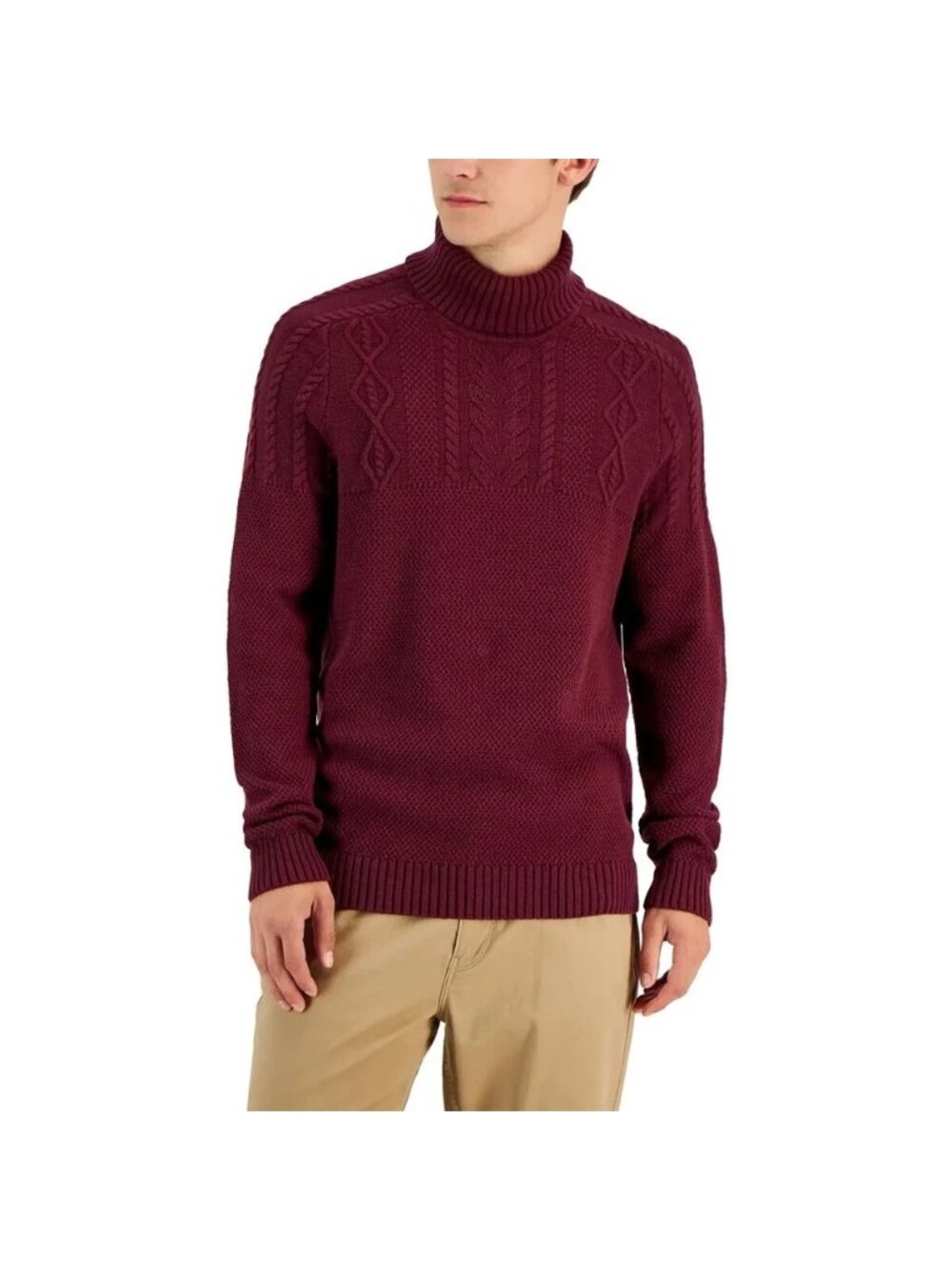 Club Room Sweater Size Large 100% Cotton Burgundy Cable Knit Turtleneck